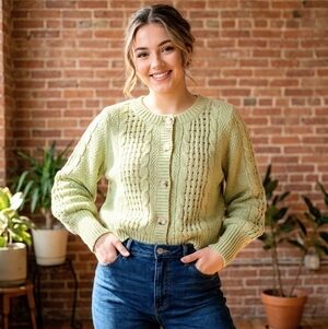 PREPPY AVOCADO COLOR CROPPED CARDIGAN BISHOP SLEEVE SWEATER WOMEN'S SIZE  XL